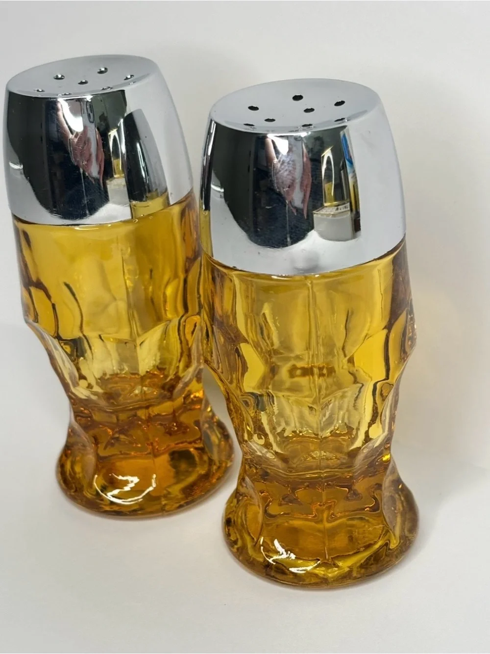 Vintage Amber Glass Salt & Pepper Shakers with Silver Tops